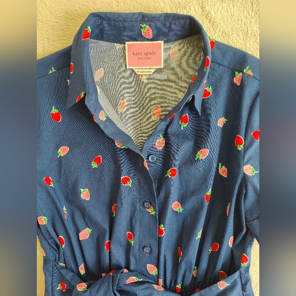 Kate Spade Tossed Strawberry Shirtdress French Navy Cotton Size XS - Picture 2 of 8